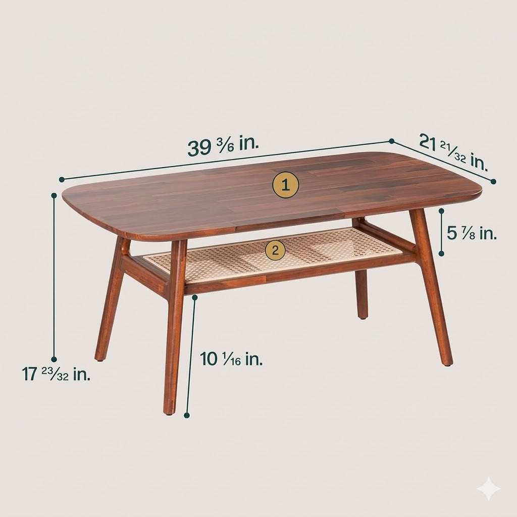 Nestique Sheesham Wood Coffee Table with Rattan Shelf-Dimension