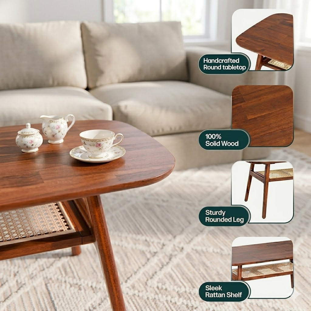 Nestique Sheesham Wood Coffee Table with Rattan Shelf-Describing