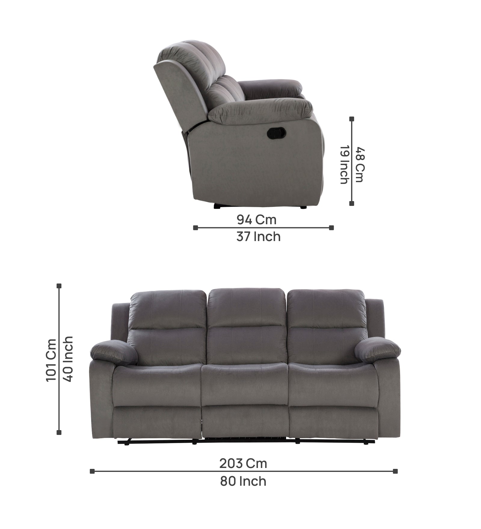 Newton 3 Seater Motorized Velvet Recliner - Concrete Grey - Dimensions by Febonic Living