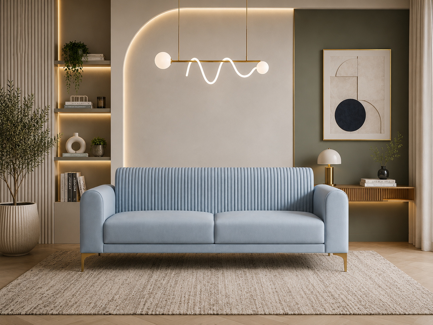 Nordic Curve 3 Seater Fabric Sofa - Luxe Ocean Blue - Living View by Febonic Living