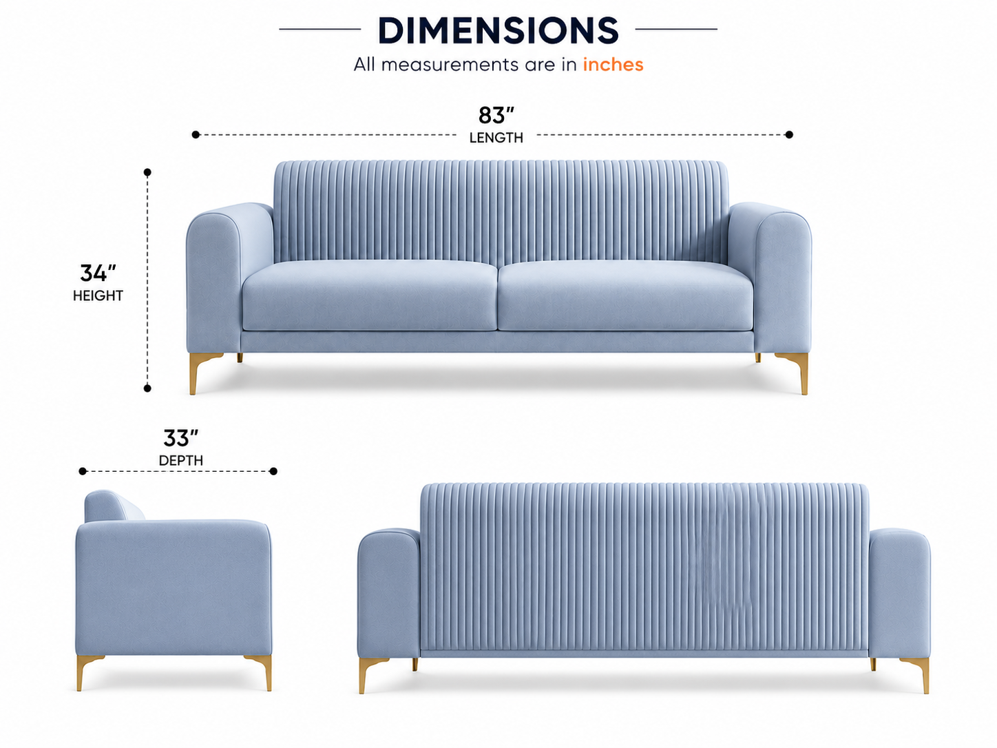 Nordic Curve 3 Seater Fabric Sofa - Luxe Ocean Blue - Dimensions by Febonic Living