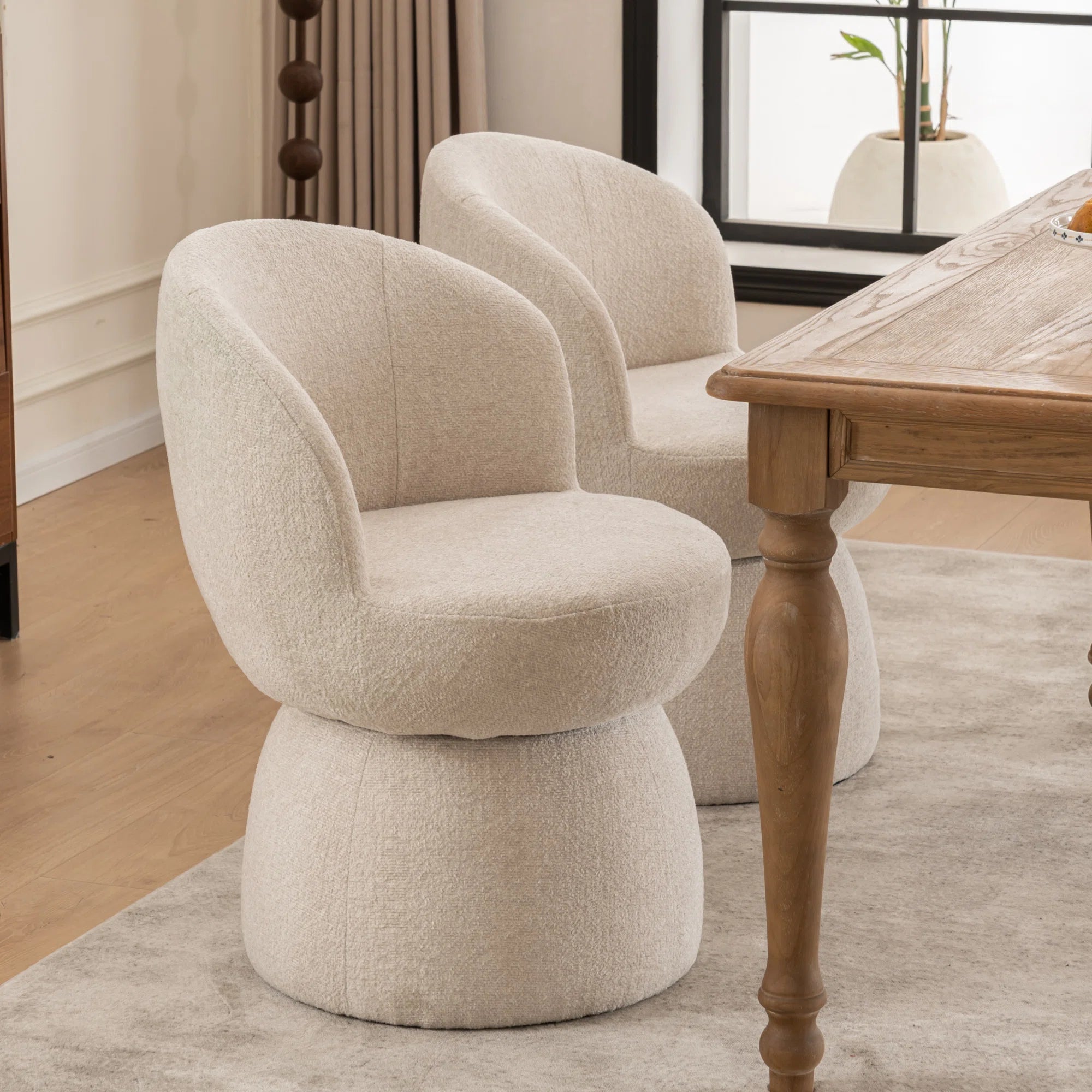 Nuvi Boucle Fabric Swivel Chair In Shell White Colour (Set of 2)