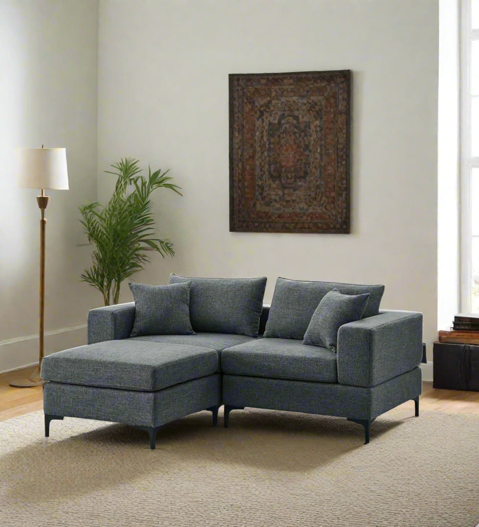 Nyle Fabric 2 Seater Sofa In Charcoal Grey Colour With Ottoman