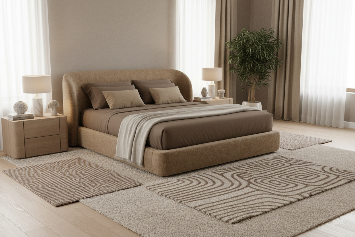 Nyssa Boucle Upholstered Queen Size Bed In Mushroom Beige Colour