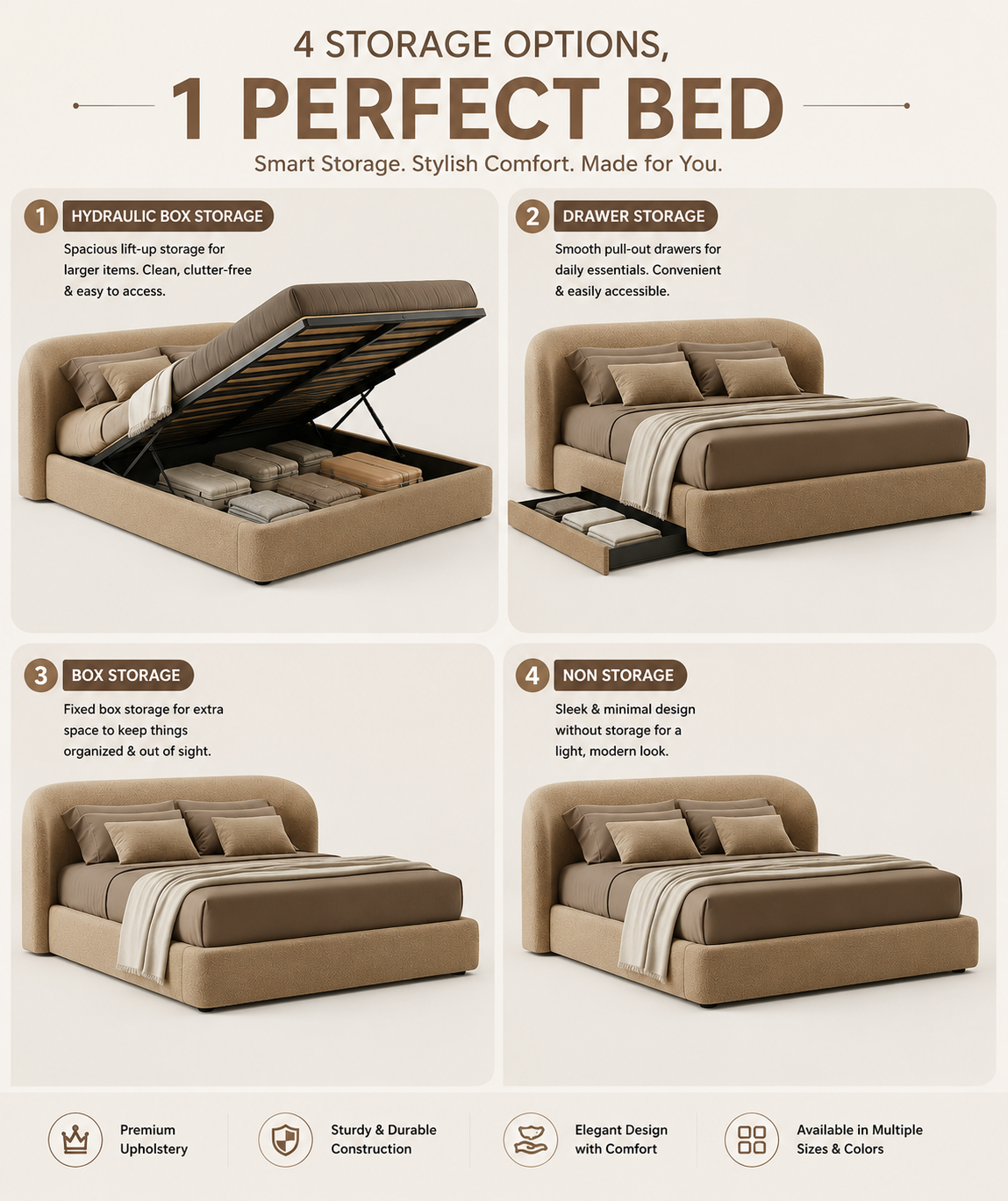 Nyssa Boucle Upholstered Bed with Storage- Mushroom Beige - Storage Options by Febonic Living