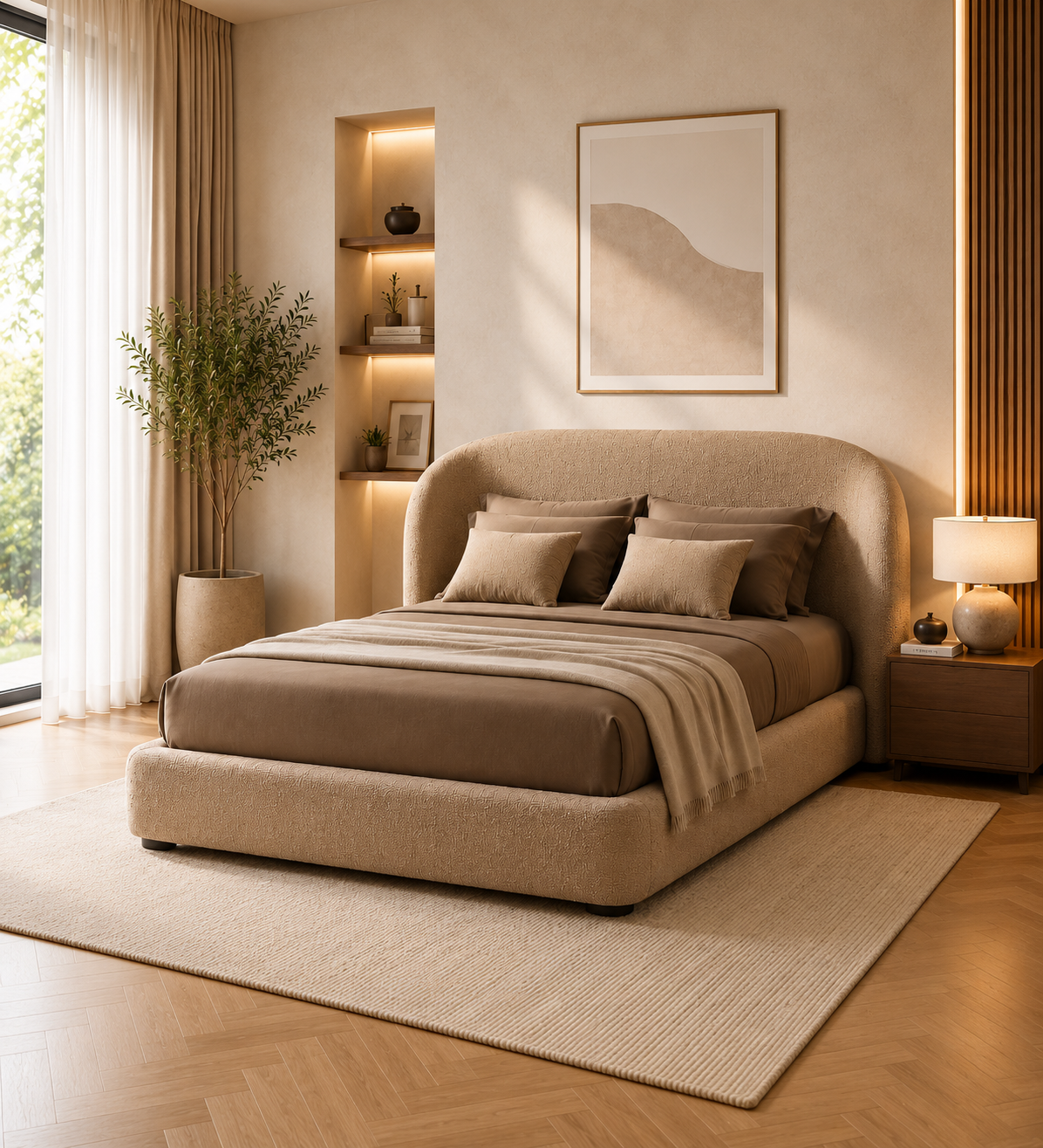 Nyssa Boucle Upholstered King Size Bed with Storage- Mushroom Beige