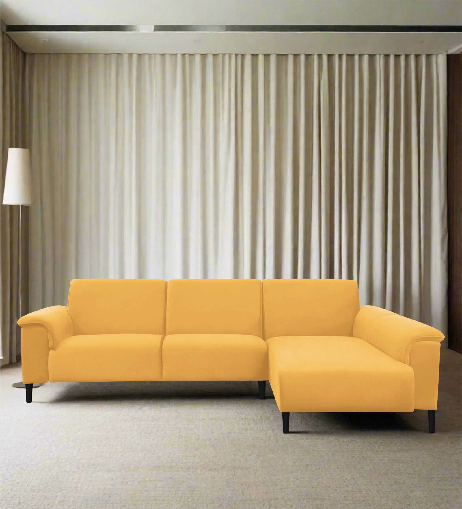 Ocean Velvet LHS Sectional Sofa (2+ Lounger) In Turmeric Yellow Colour - Febonic Living