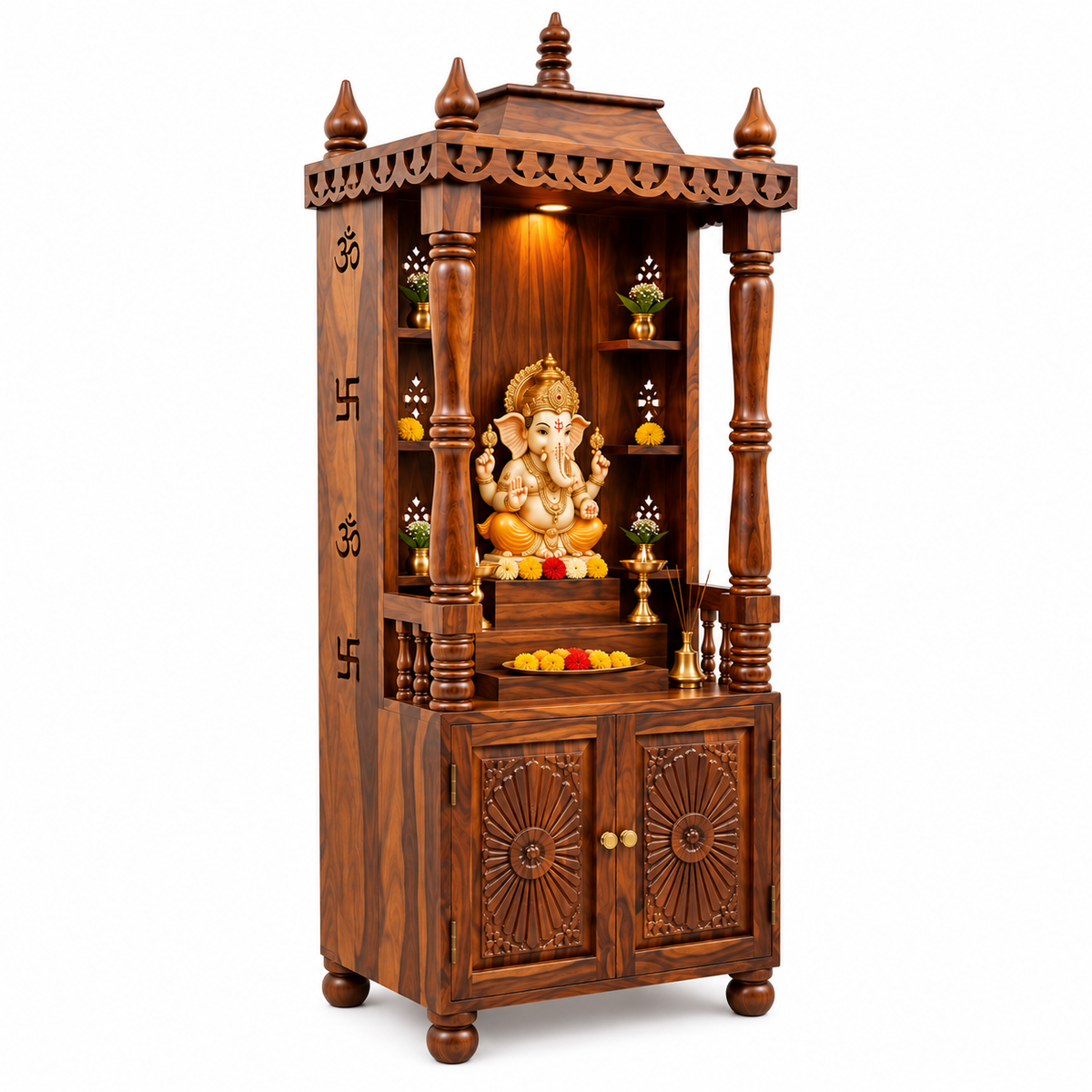 A traditional Indian wooden God Hanuman altar with carved details, a golden statue of Ganesha, and decorative shelves, shown on a white background.
