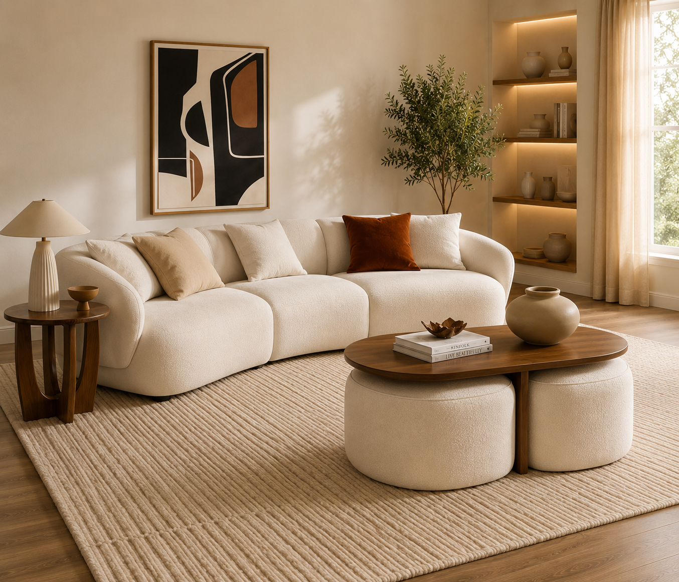 Omora Fabric Coffee Table - Bone Beige - Living View