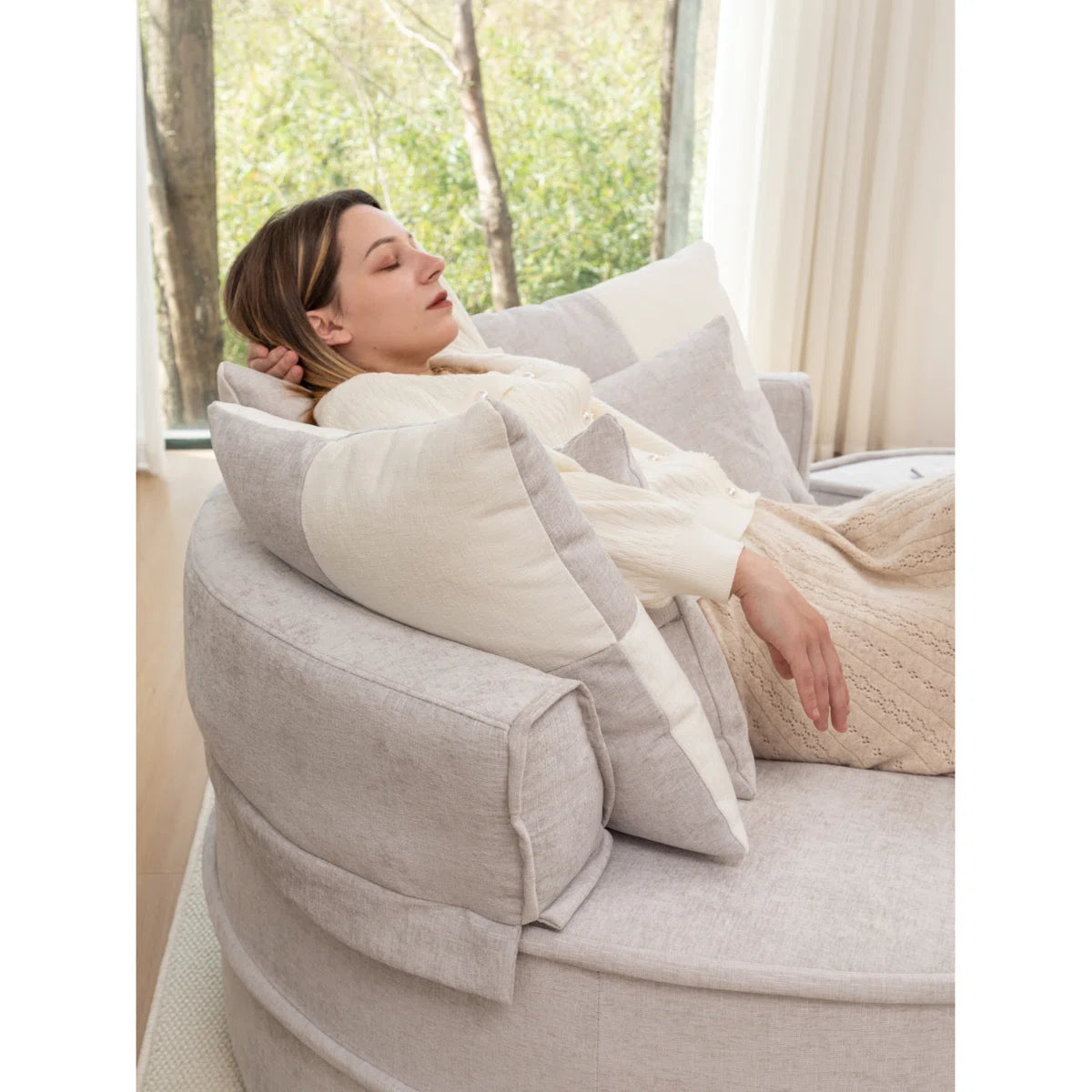 Aether Fabric Round Barrel Chair With Ottoman In Lit Grey Colour