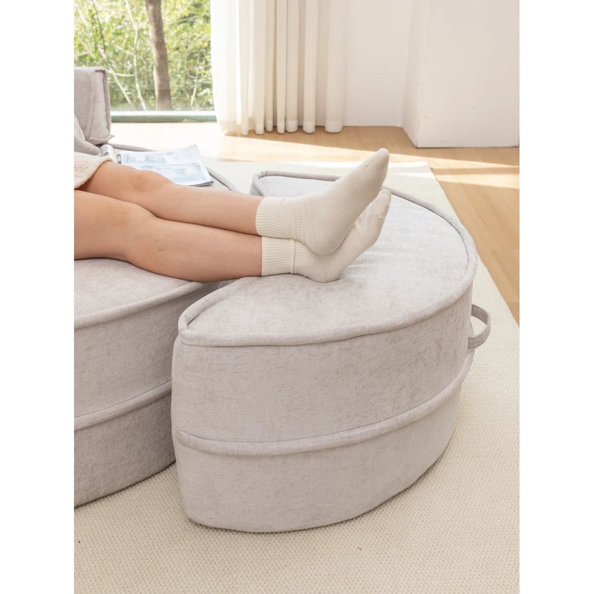 Aether Fabric Round Barrel Chair With Ottoman In Lit Grey Colour