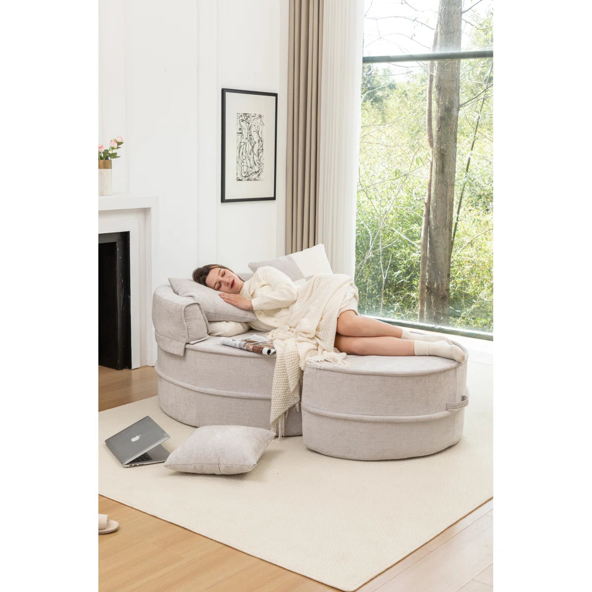 Aether Fabric Round Barrel Chair With Ottoman In Lit Grey Colour