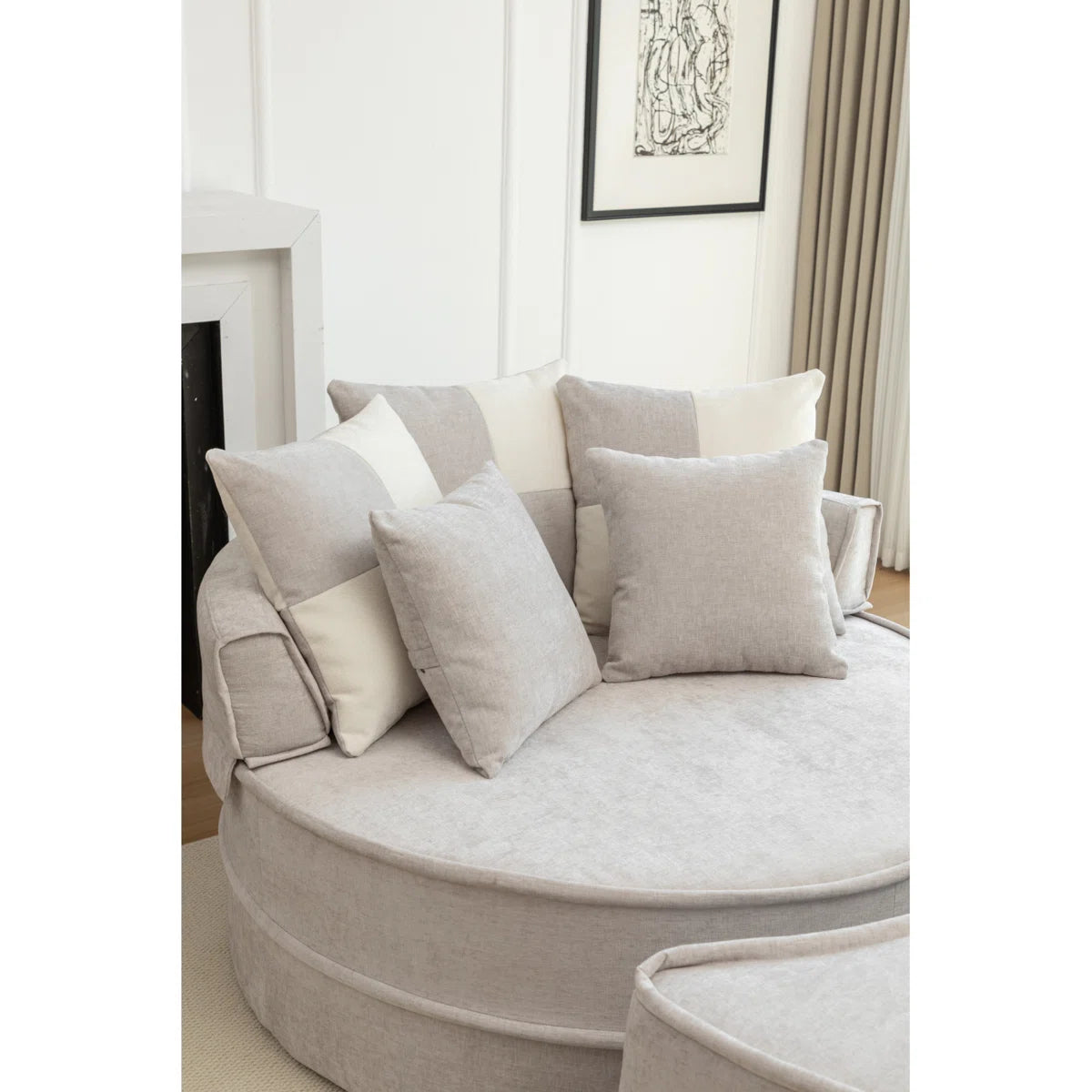 Aether Fabric Round Barrel Chair With Ottoman In Lit Grey Colour