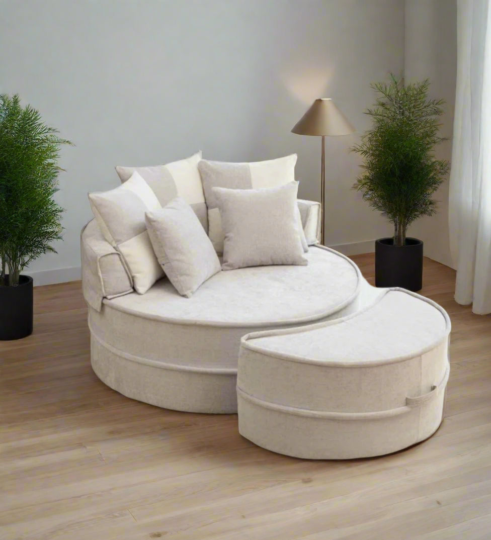Aether Fabric Round Barrel Chair With Ottoman In Lit Grey Colour