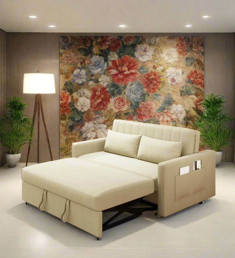 Elan Fabric 2 Seater Pull Out Sofa Cum Bed In Ivory Cream Colour