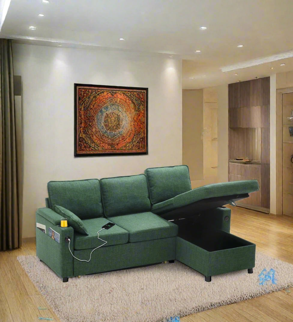 Nimbus Fabric 3 Seater Pull Out Sofa Cum Bed In Olive Green Colour With Storage