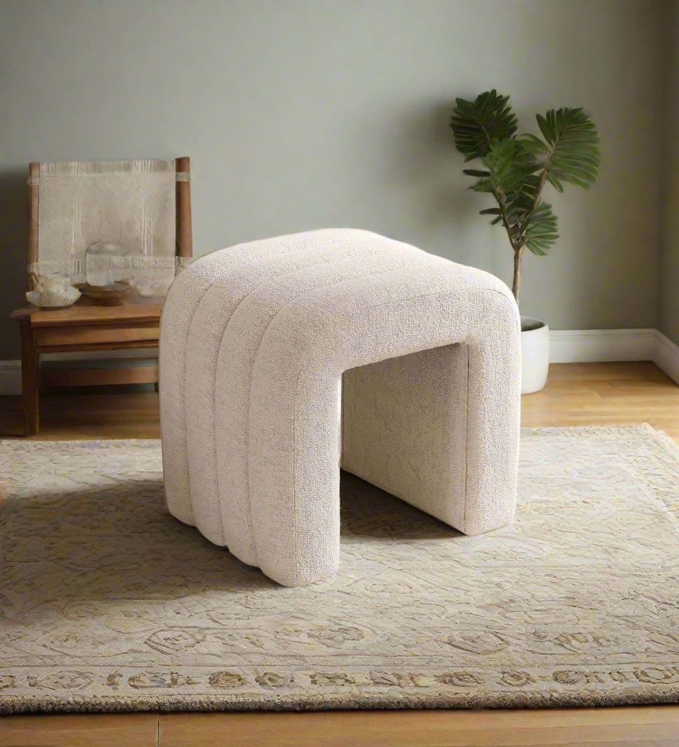Lunar Boucle Fabric Pouffe In Shell White Colour
