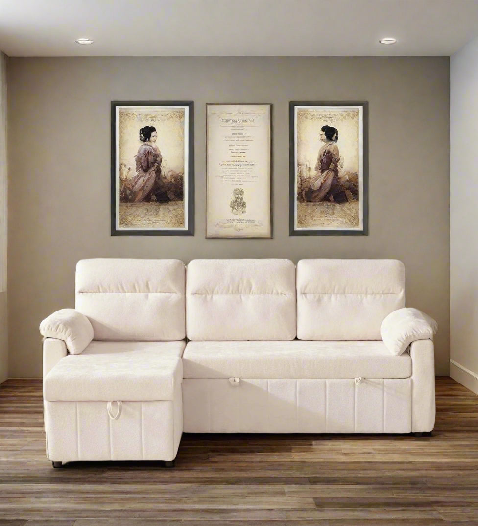 Onyx Velvet 3 Seater Pull Out Sofa Cum Bed In Warm White With Storage