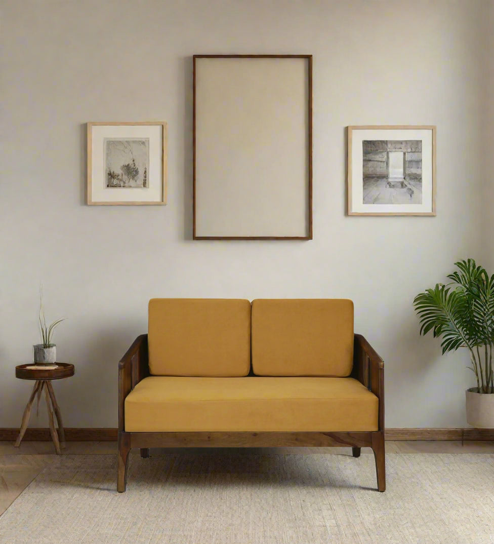 Bano Sheesham Wood 2 Seater Sofa In Mustard Colour
