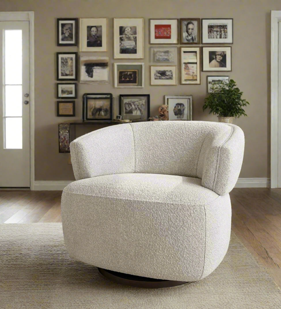 Tivila Boucle Fabric Swivel Chair In Shell White Colour