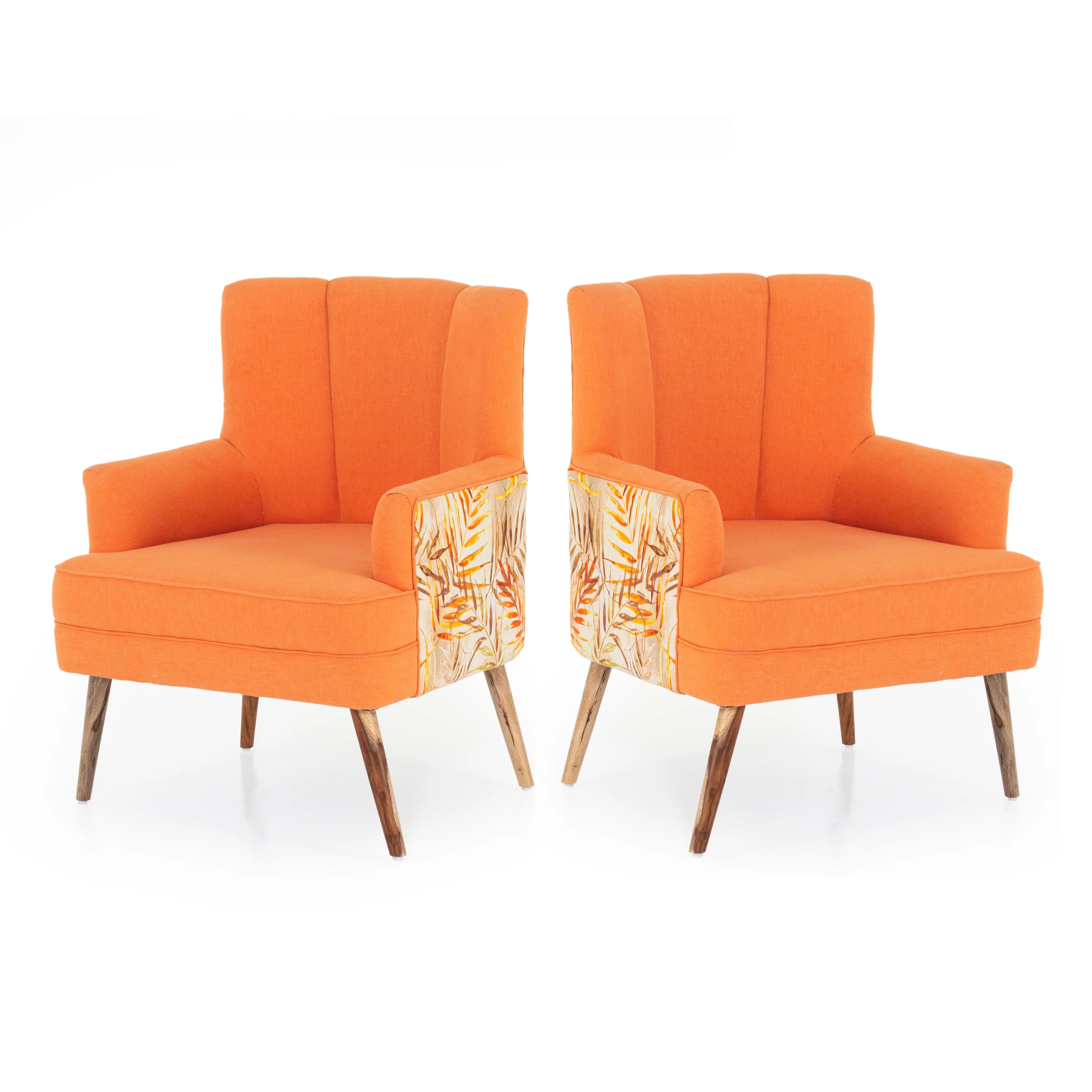 Roch Printed Fabric Arm Chair In Vivid Orange Colour (Set Of 2) - Febonic Living