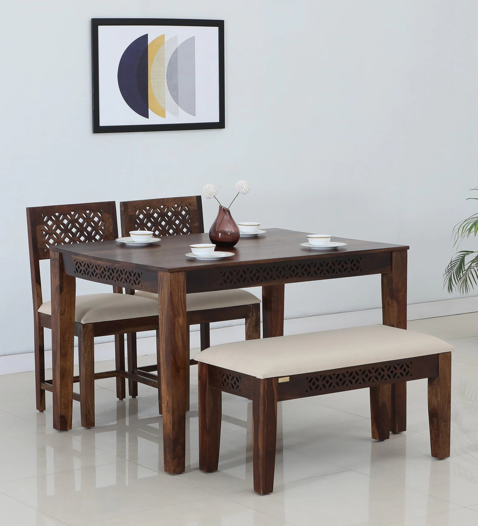 Sahni Sheesham Wood 4 Seater Dining Set In Scratch Resistant Provinicial Teak Finish With Bench - Febonic Living