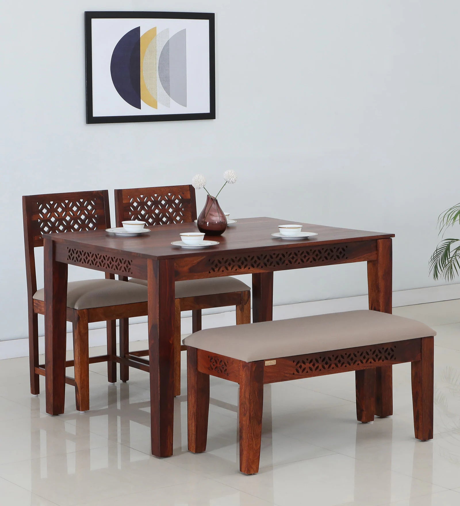 Sahni Sheesham Wood 4 Seater Dining Set in Scratch Resistant Honey Oak Finish With Bench - Febonic Living