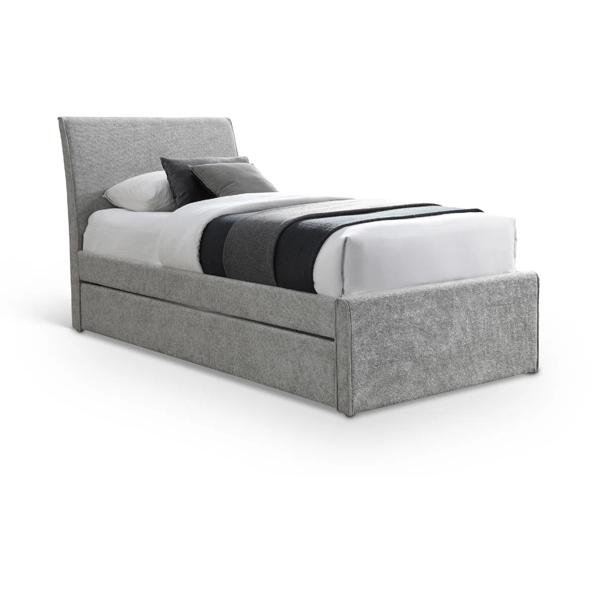 Gray upholstered bed with white mattress and black bedding on a white background
