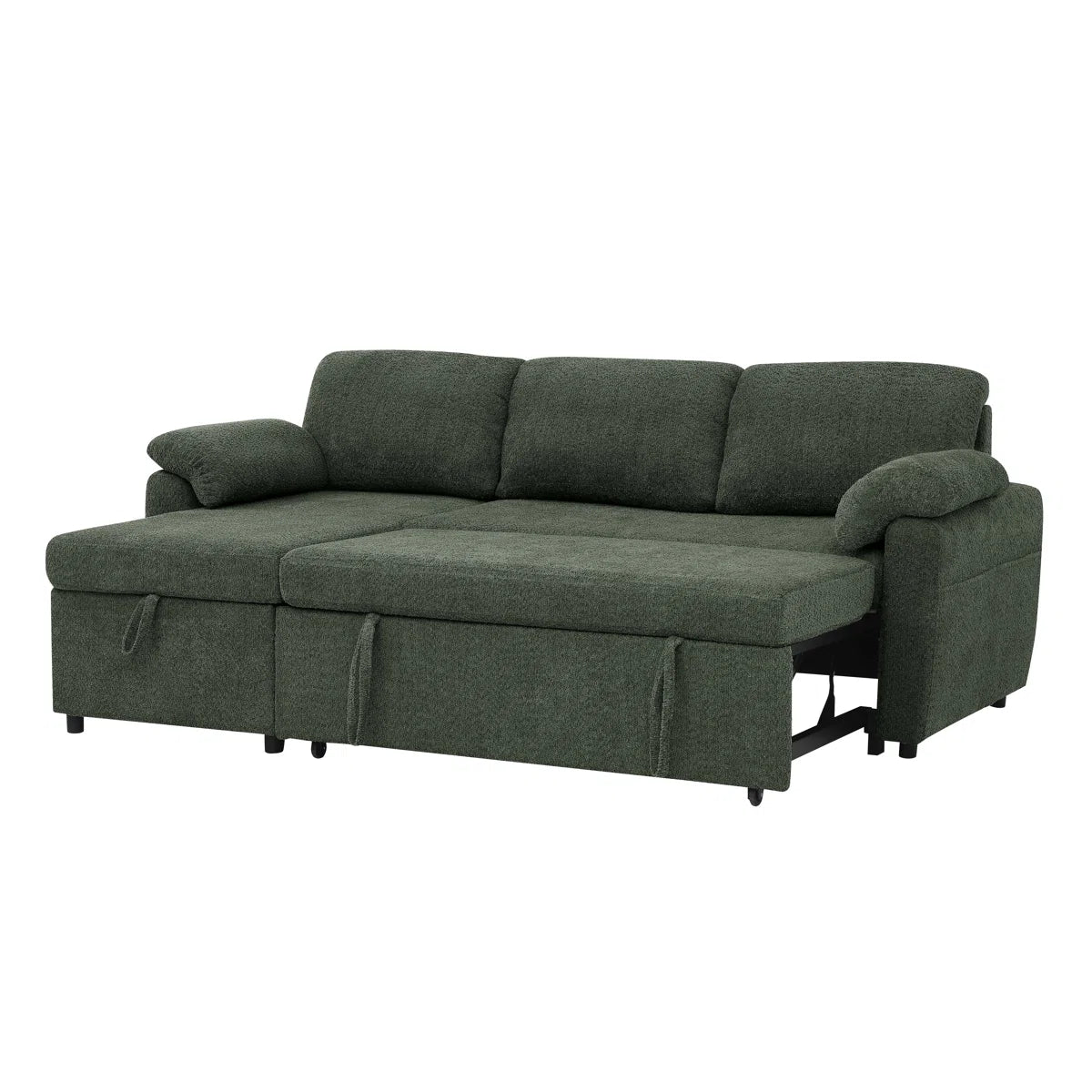 Pintos Fabric 3 Seater Pull Out Sofa Cum Bed In Fern Green Colour With Storage