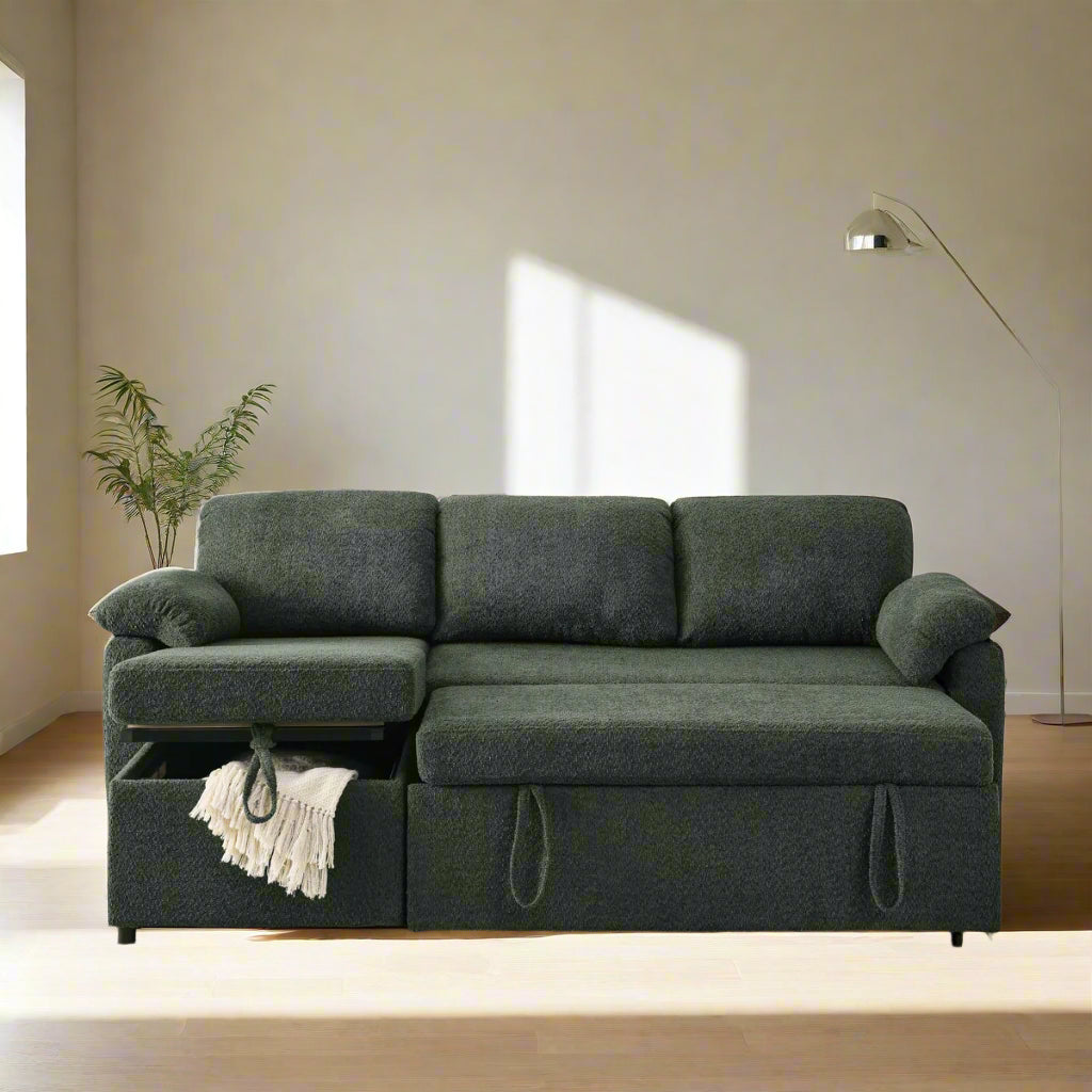 Pintos Fabric 3 Seater Pull Out Sofa Cum Bed In Fern Green Colour With Storage