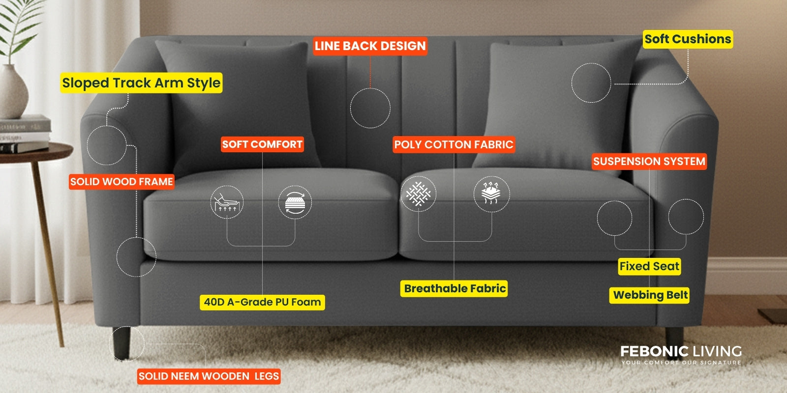 Polon Fabric 2 Seater Sofa In Hazel Beige Colour