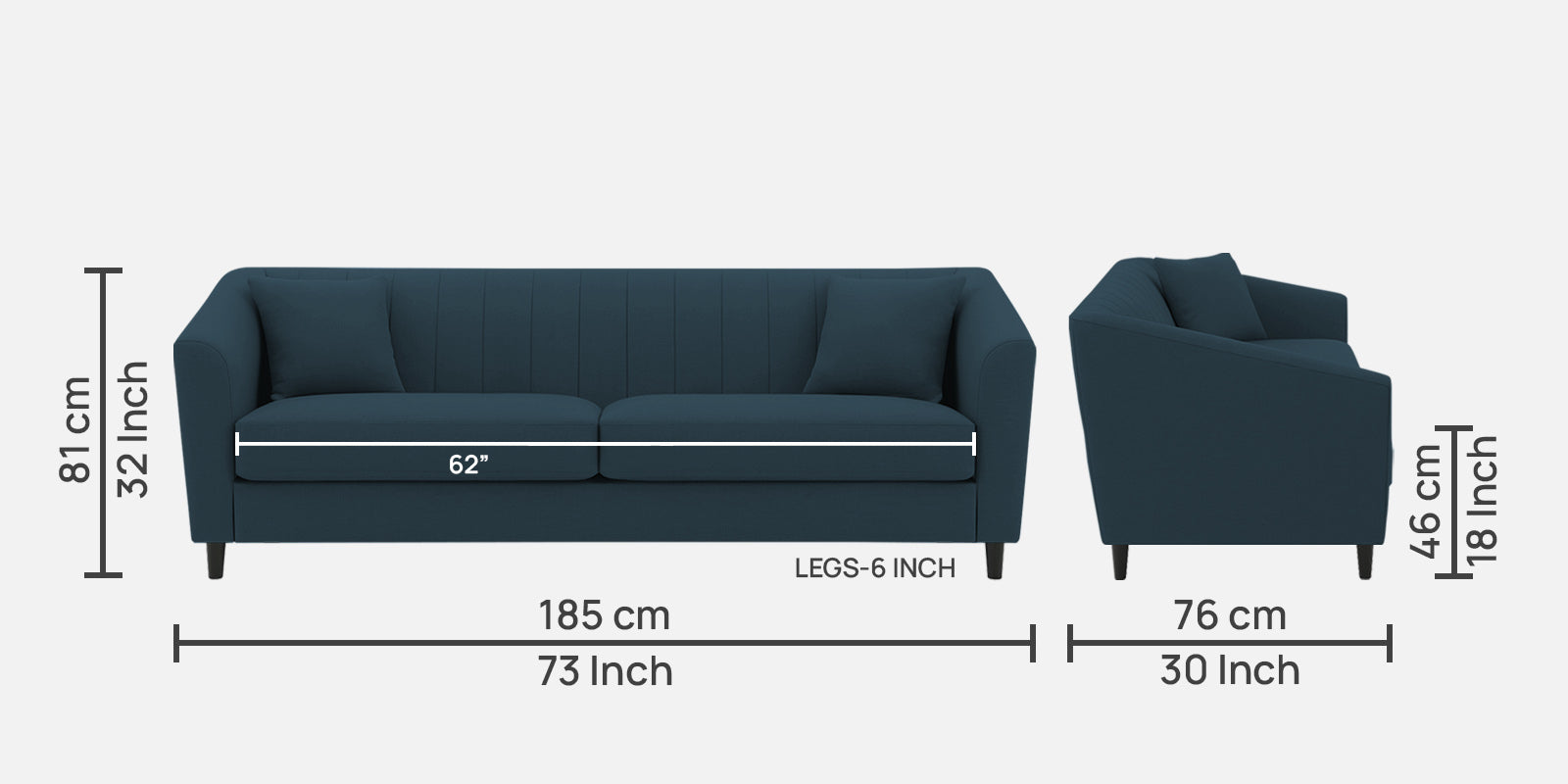 Polon Fabric 3 Seater Sofa In Cool Blue Colour