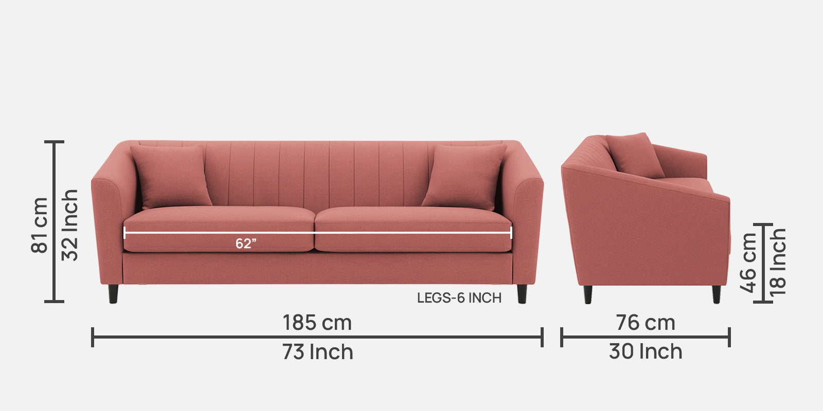Polon Fabric 3 Seater Sofa In Salmon Pink Colour