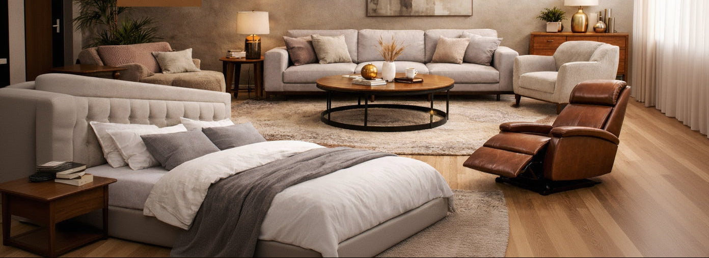 Living room with furniture and decor, featuring Febonic Living branding.