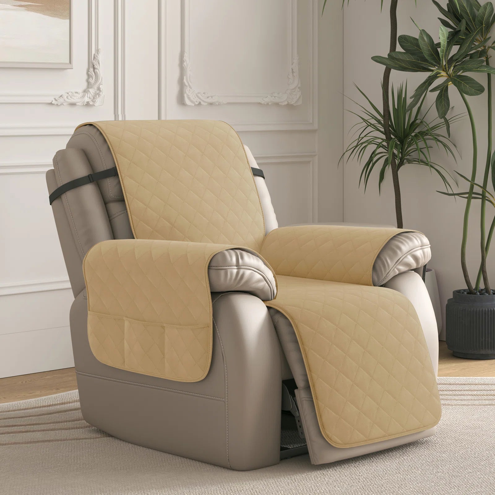 Omkar Velvet Quilted 1 Seater Recliner Cover in Winter Beige Colour - Febonic Living