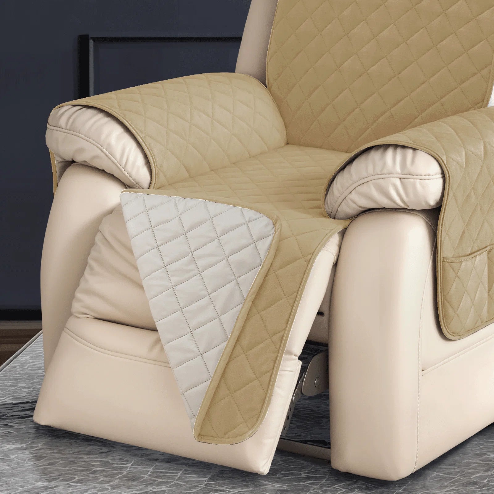 Omkar Velvet Quilted 1 Seater Recliner Cover in Winter Beige Colour - Febonic Living