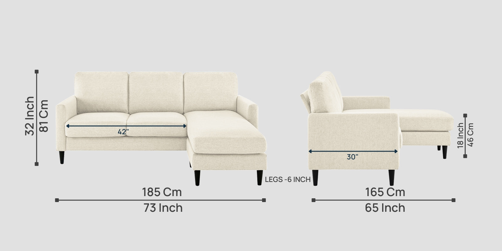 Romie Fabric LHS Sectional Sofa (2+Lounger) In Ivory Cream Colour - Febonic Living