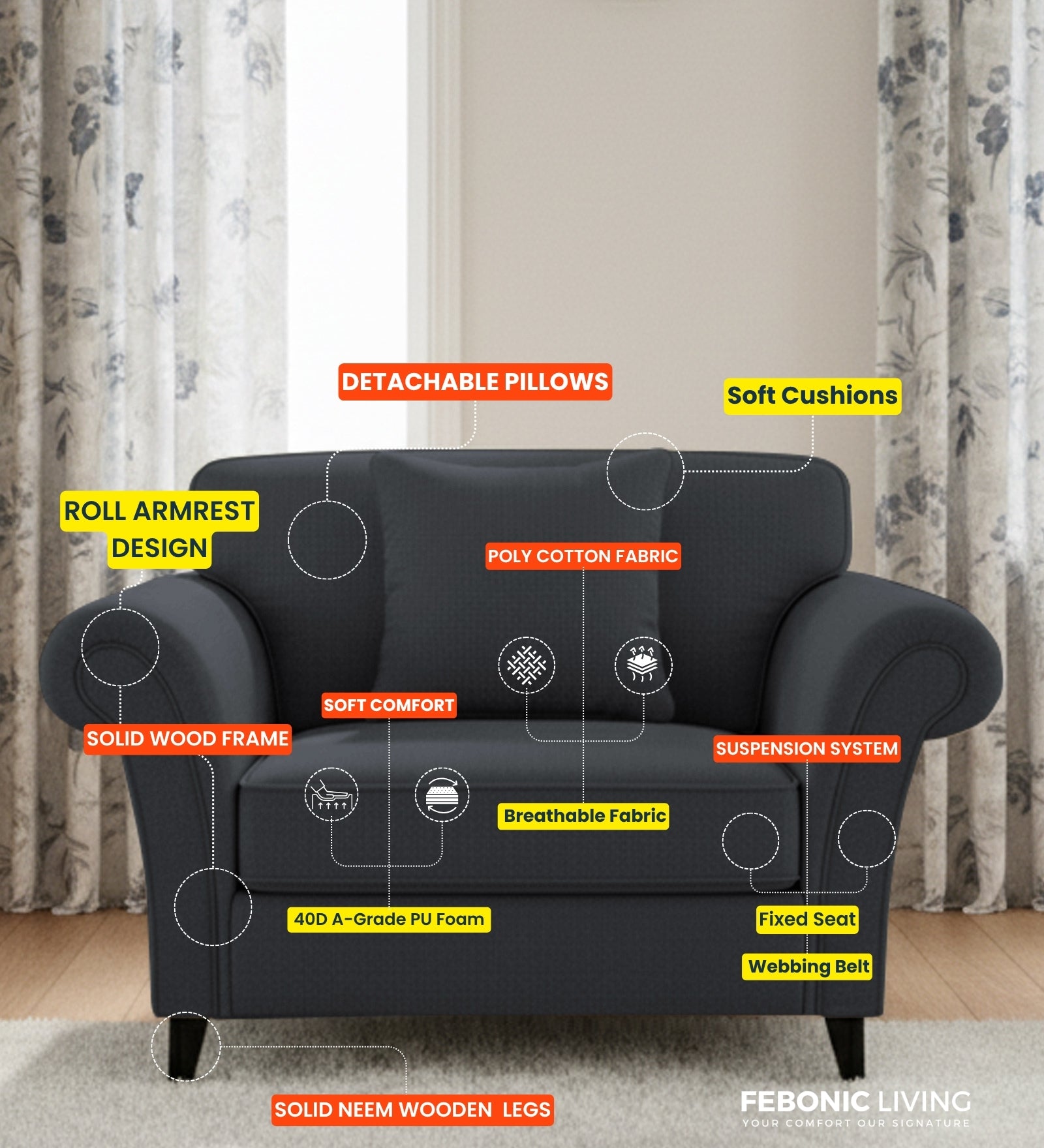 Rana Fabric 1 Seater Sofa In Ivory Cream Colour - Febonic Living