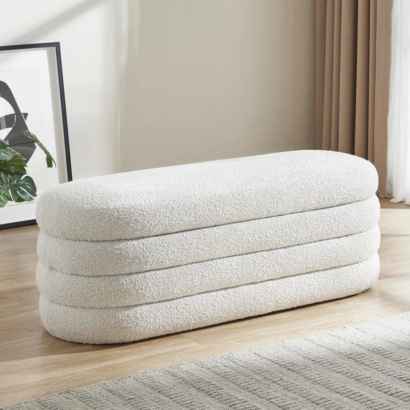 Grandy Boucle Fabric Ottoman In Bright White Colour With Storage - Febonic Living