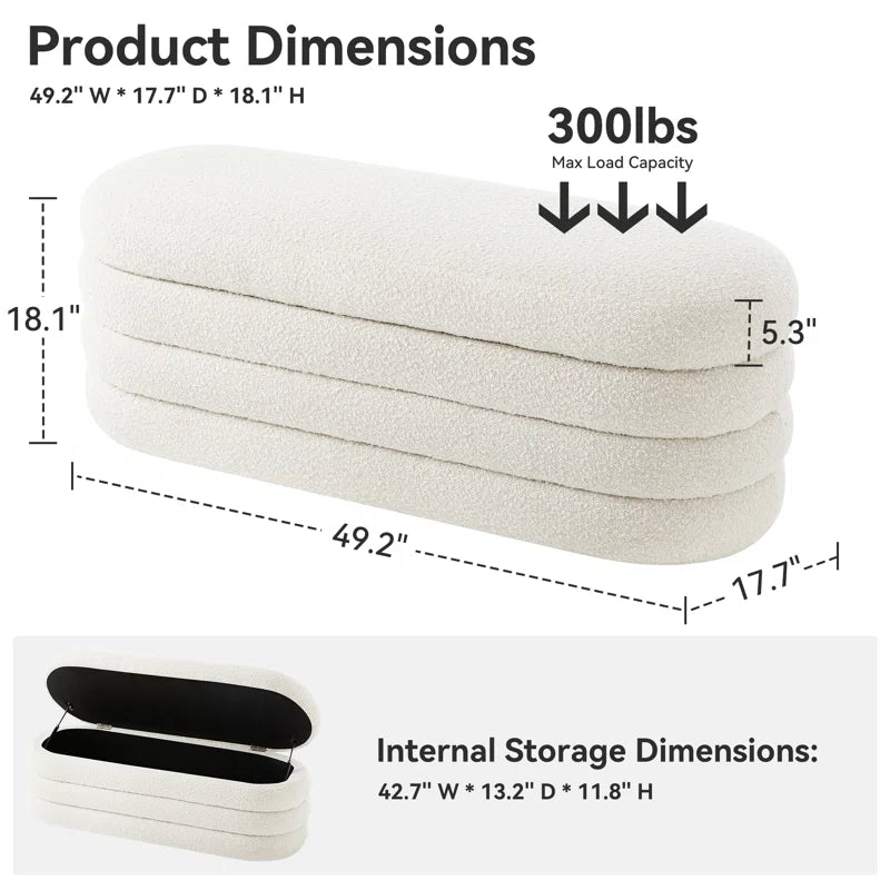 Grandy Boucle Fabric Ottoman In Bright White Colour With Storage - Febonic Living