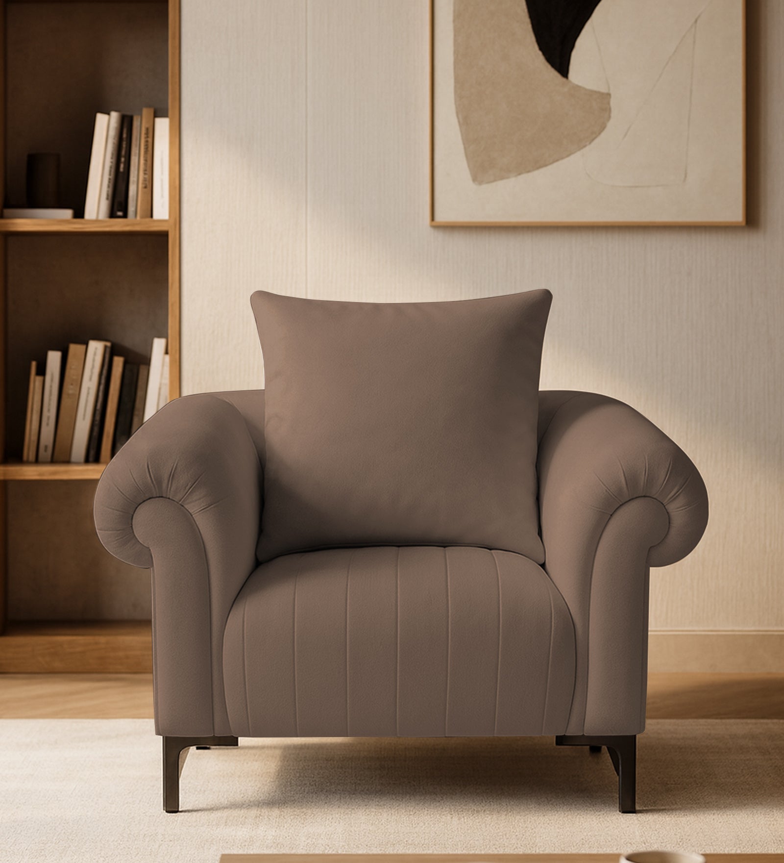 Rocar Fabric 1 Seater Sofa In Earthy Beige Colour