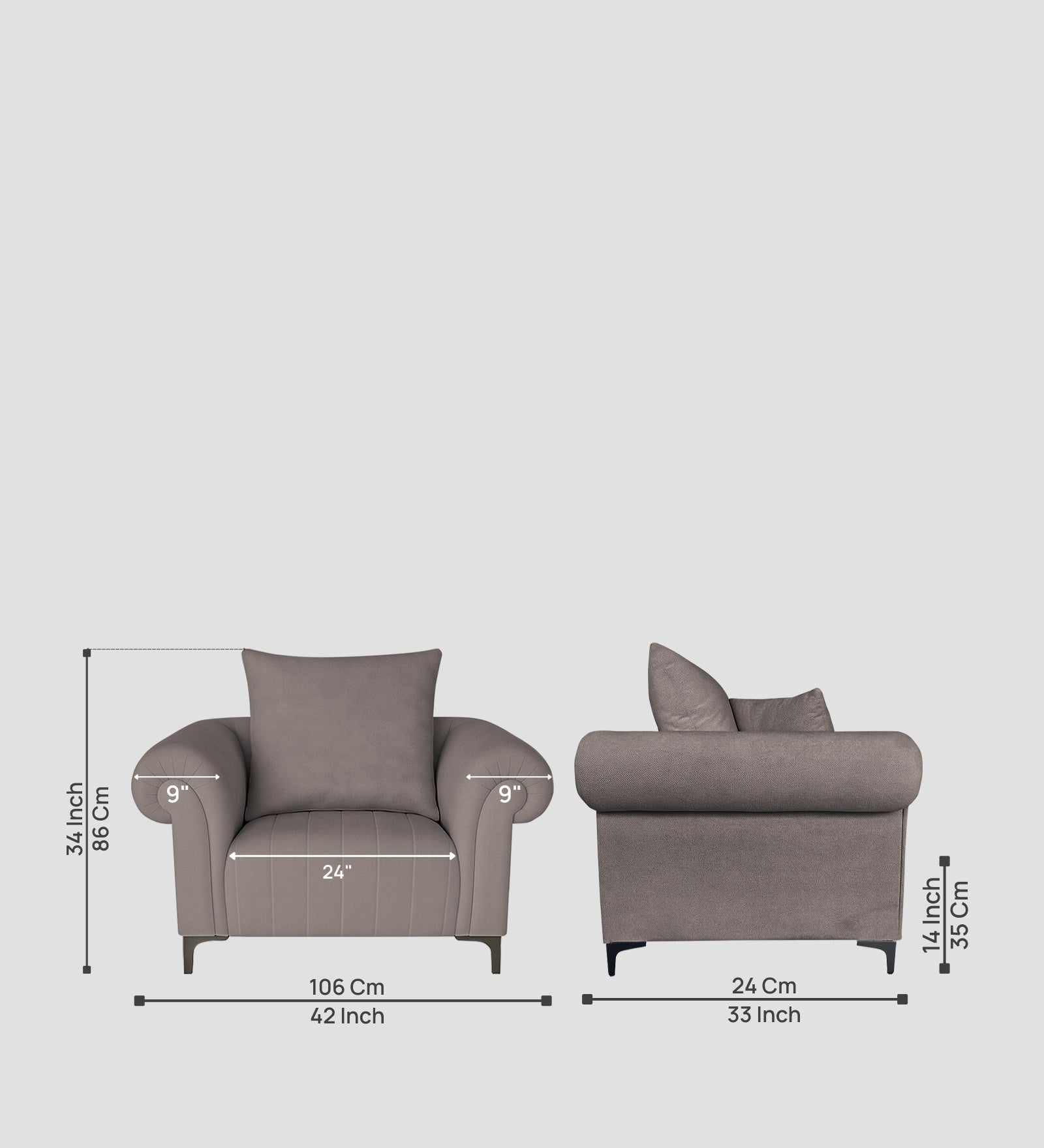 Rocar Fabric 1 Seater Sofa In Silk Grey Colour