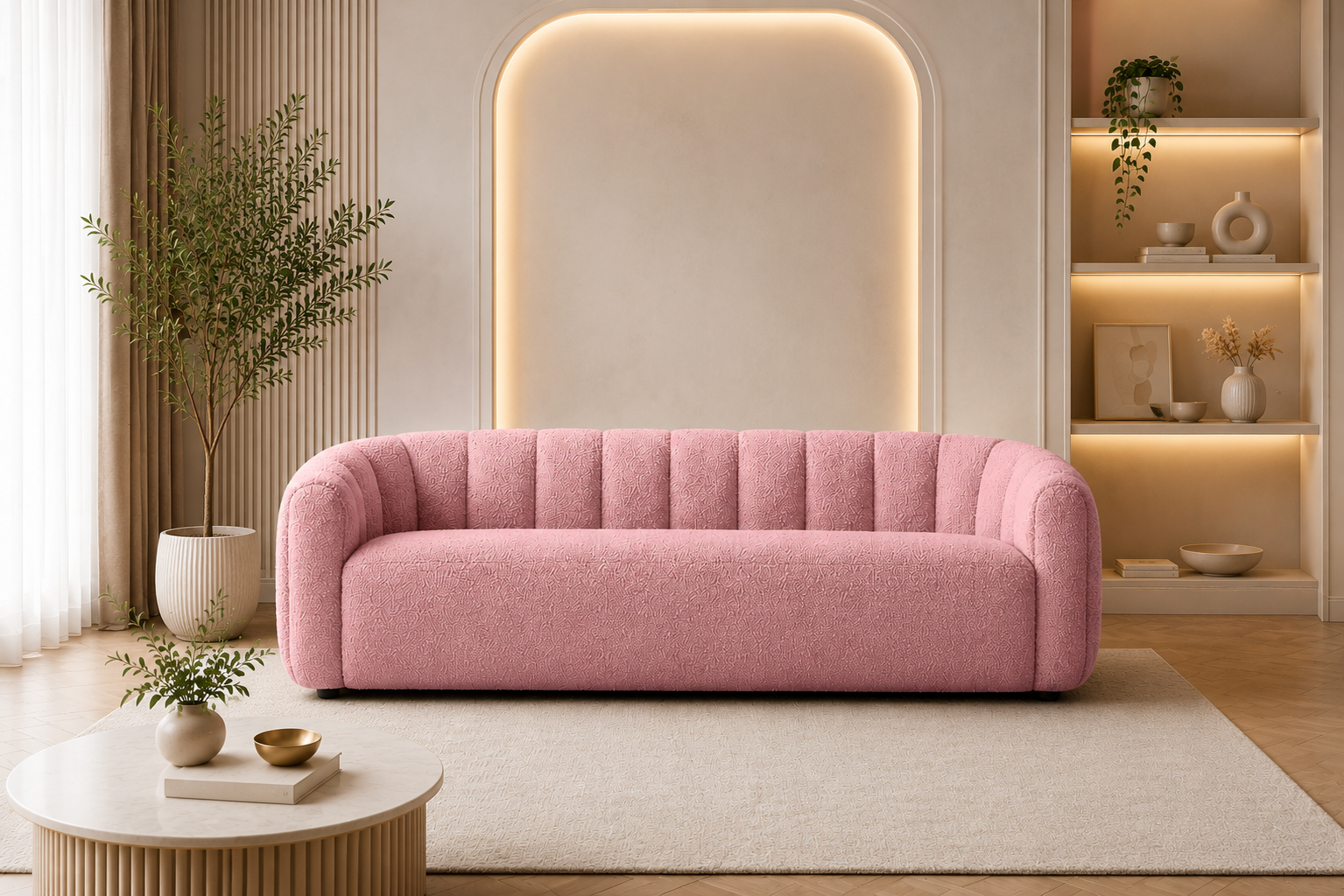 Roselle Curva Bouclé 3 Seater Sofa - Blush Pink - Living View 1 by Febonic Living