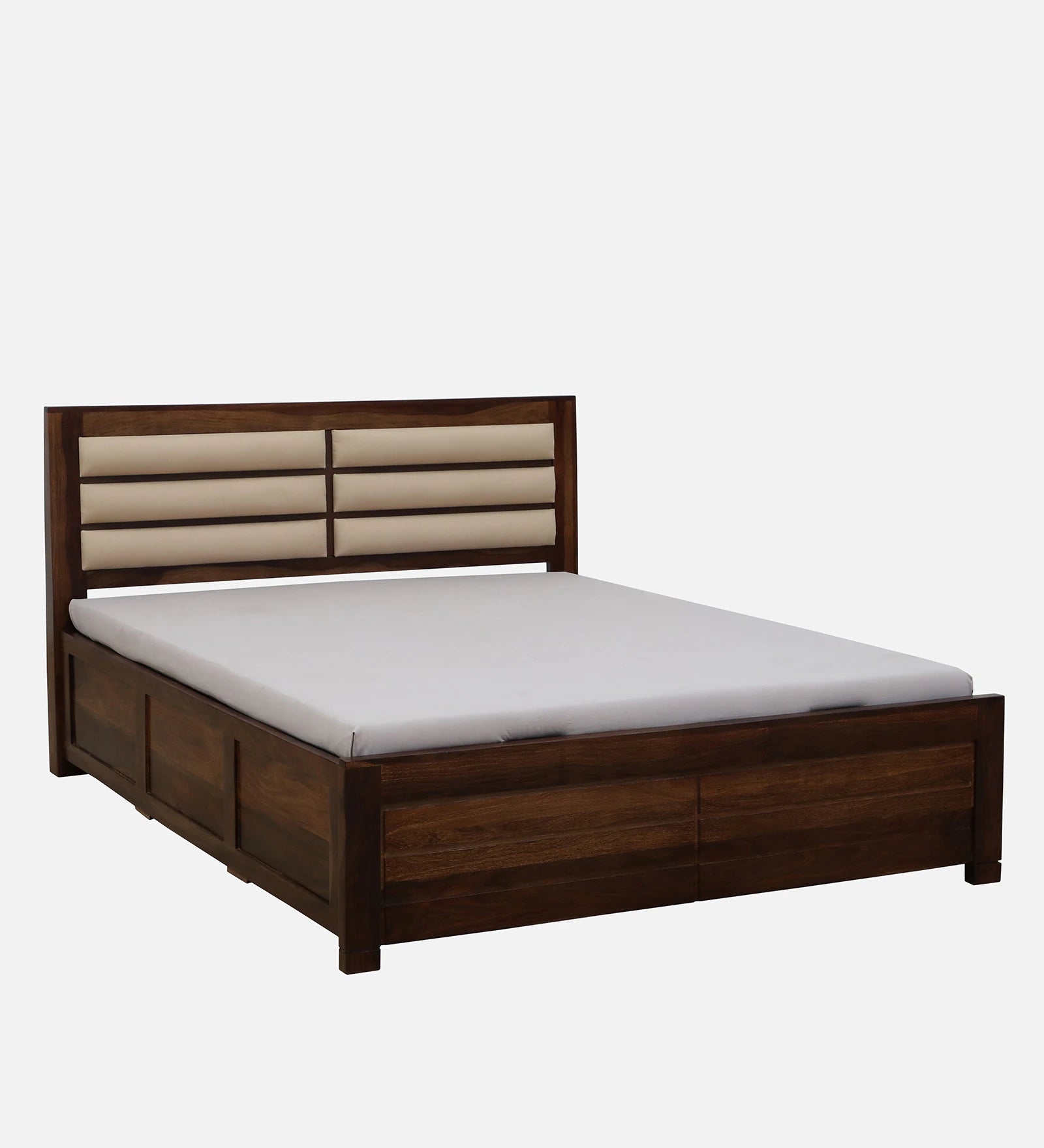 Mejun Sheesham Wood King Size Bed In Provincial Teak Finish With Padded Headboard Hydraulic Storage - Febonic Living