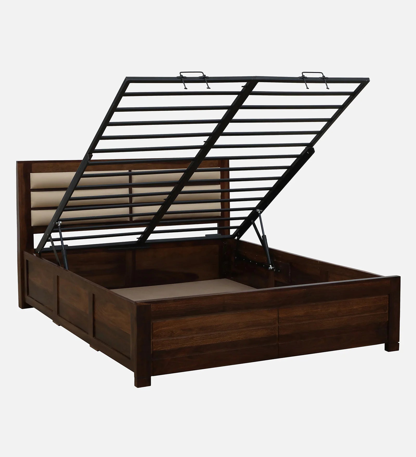 Mejun Sheesham Wood Queen Size Bed In Provincial Teak Finish With Padded Headboard Hydraulic Storage - Febonic Living