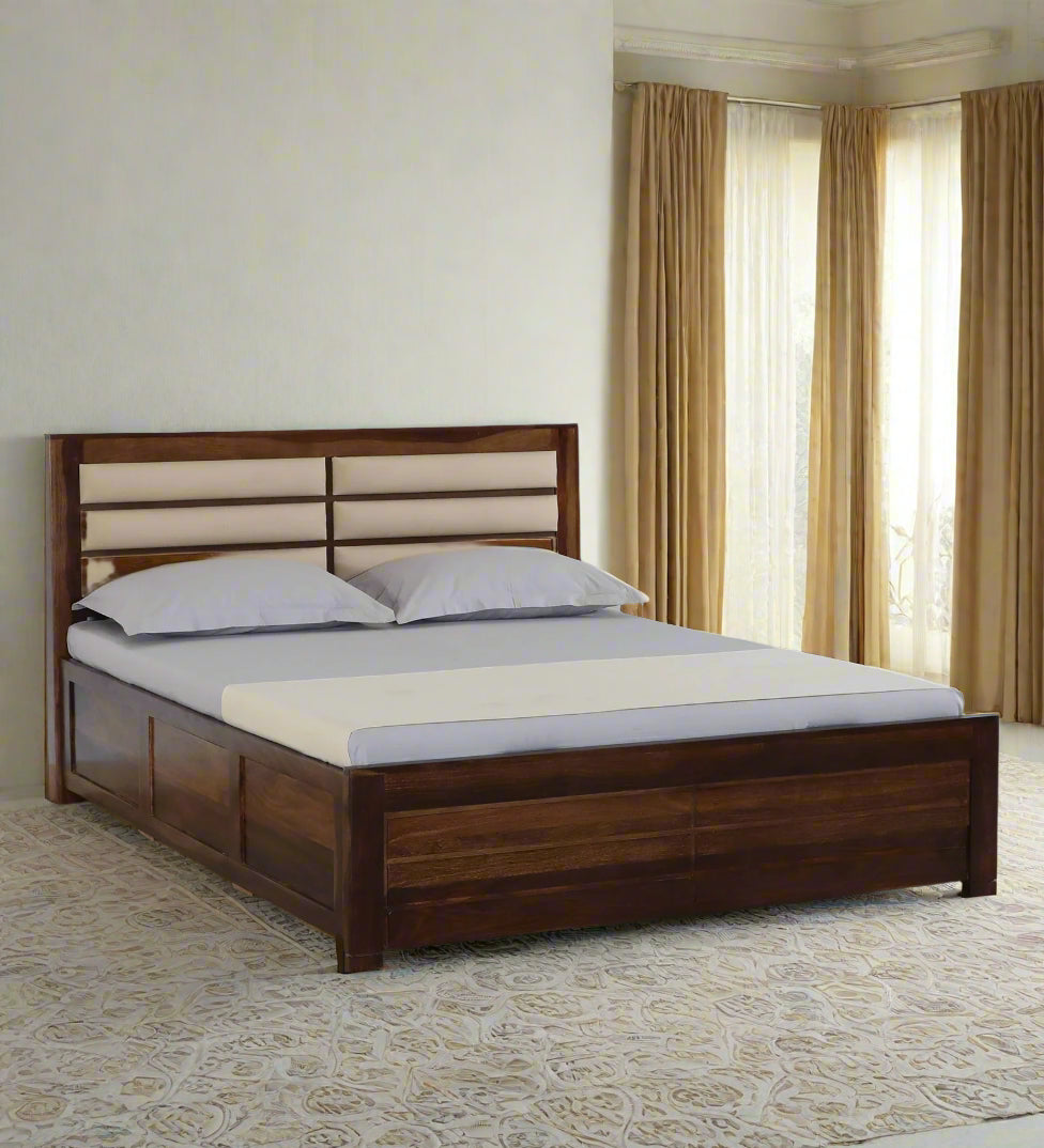Mejun Sheesham Wood Queen Size Bed In Provincial Teak Finish With Padded Headboard Hydraulic Storage - Febonic Living