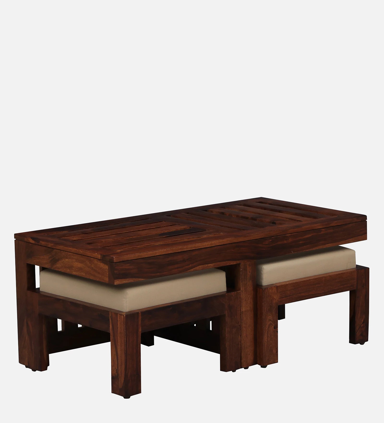 Nizwa Solid Wood Nesting Coffee Table Set in Honey Oak Finish With Cushioned Stools - Febonic Living
