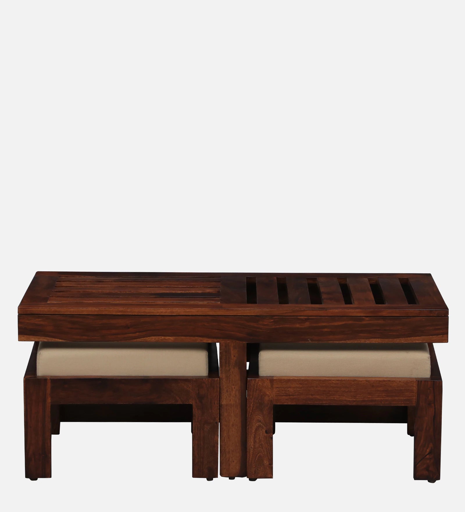 Nizwa Solid Wood Nesting Coffee Table Set in Honey Oak Finish With Cushioned Stools - Febonic Living