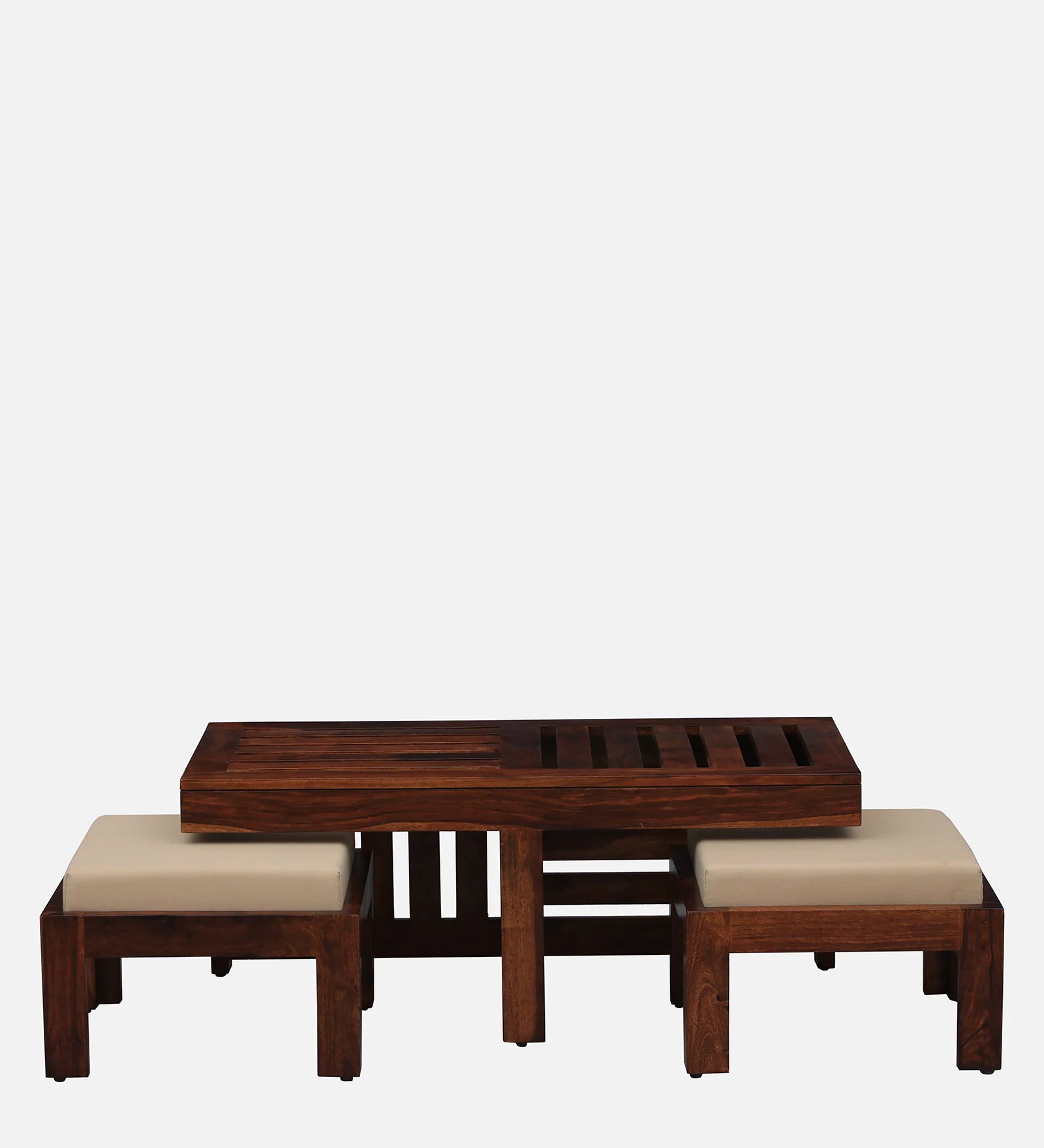 Nizwa Solid Wood Nesting Coffee Table Set in Honey Oak Finish With Cushioned Stools - Febonic Living