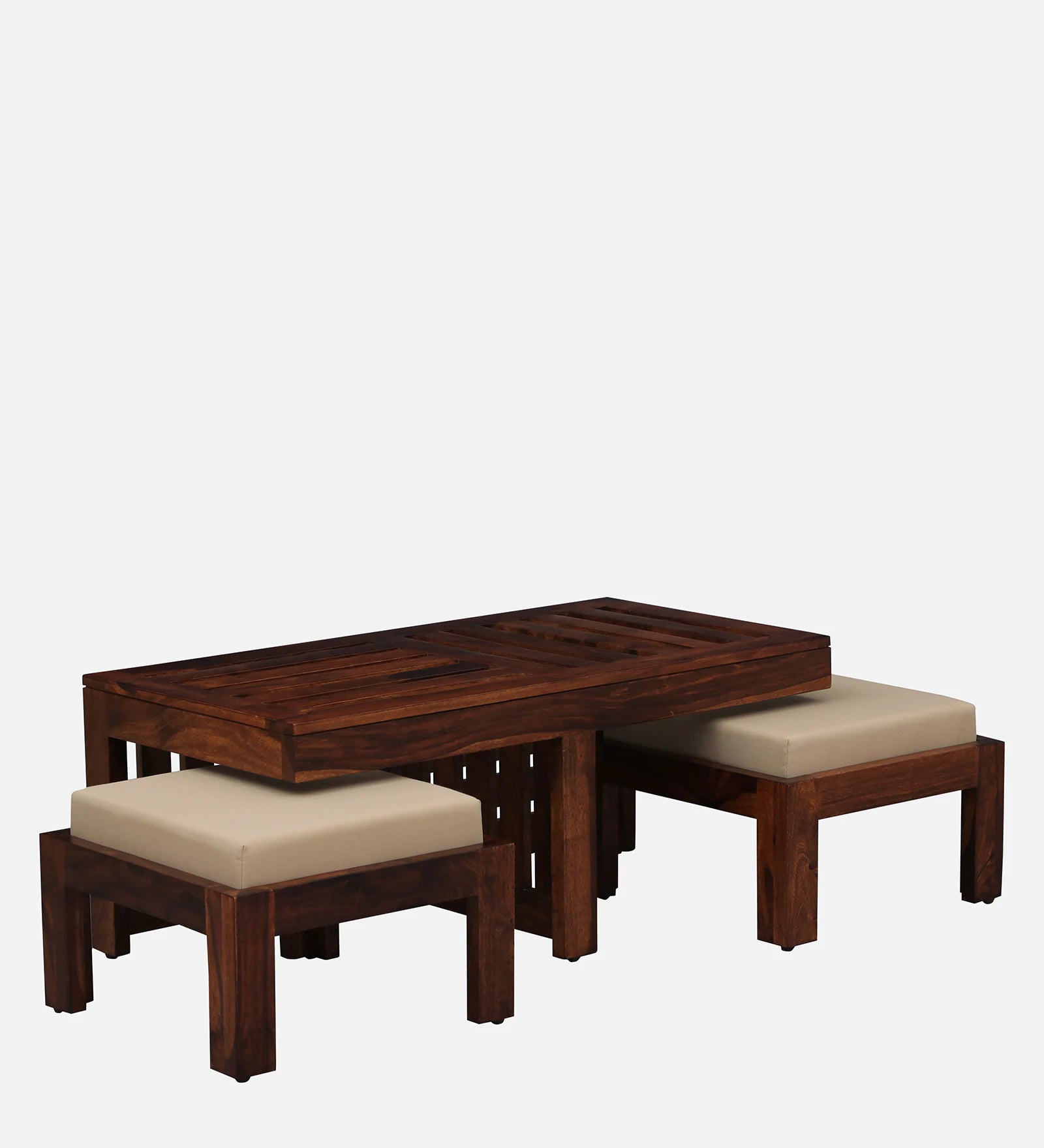 Nizwa Solid Wood Nesting Coffee Table Set in Honey Oak Finish With Cushioned Stools - Febonic Living
